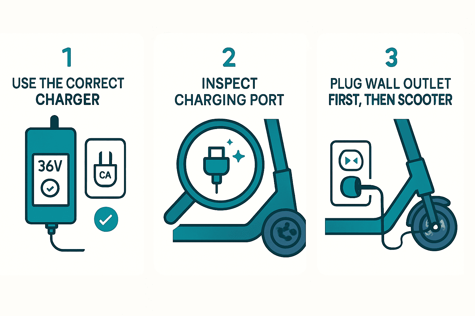Infographic showing Step 1 use the right charger, Step 2 check port clean and dry, Step 3 plug wall then scooter with LED status