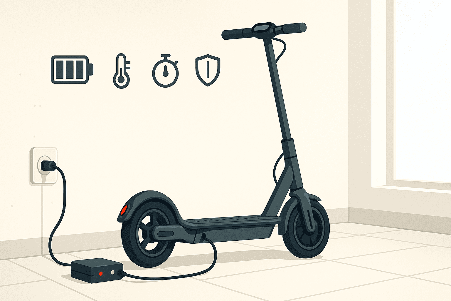 Electric scooter charging hero image with charger, LED status, and smart charging icons for a 2025 guide