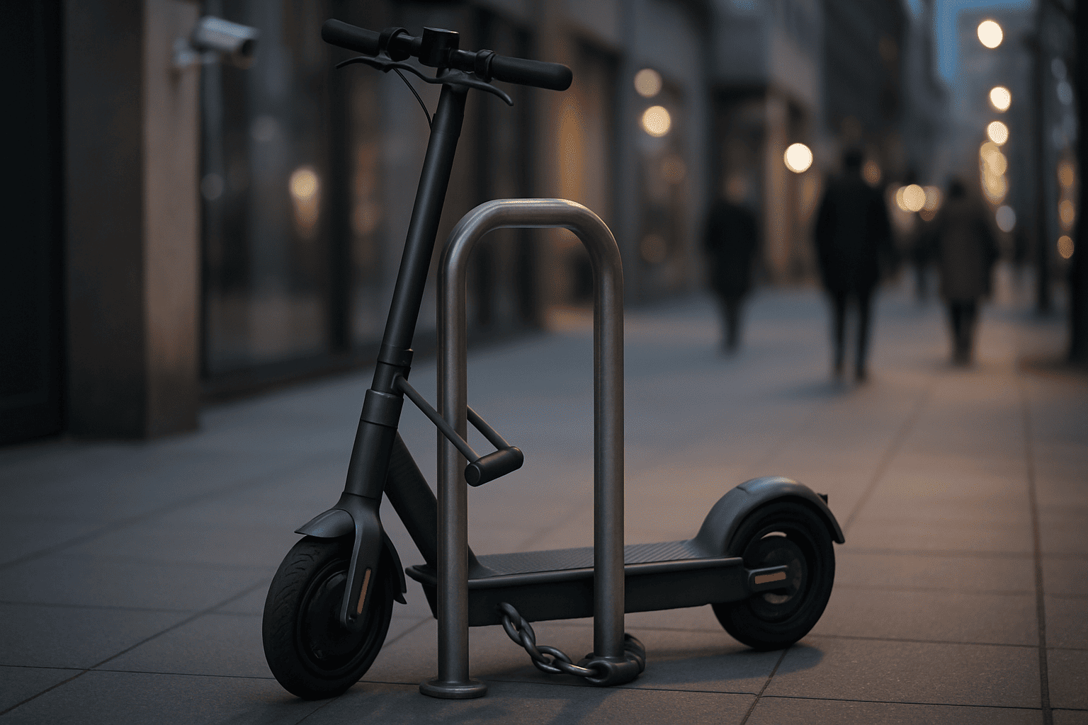 Scooter elétrica presa com segurança a um bicicletário em uma rua urbana bem iluminada, com ênfase no cadeado em U e estrutura resistente