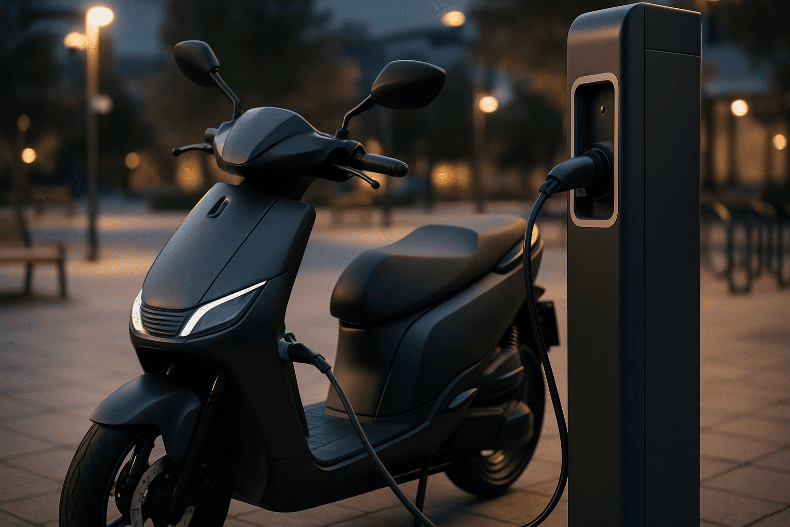 Rider charging an electric scooter at a modern public charging dock in a well-lit urban setting, LED charging indicator visible