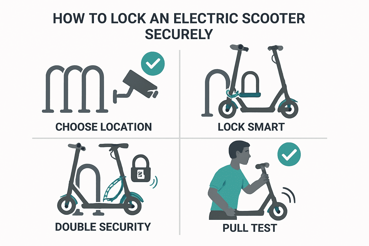 Four-step visual guide showing choosing lock and spot, locking the stem, adding a second lock, and pull-test check