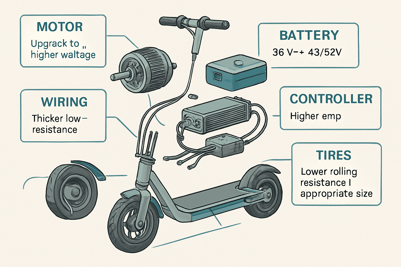 Diagram of performance hardware upgrades: higher-watt motor, higher-voltage battery, high-amp controller, low-resistance wiring, low-rolling-resistance tires