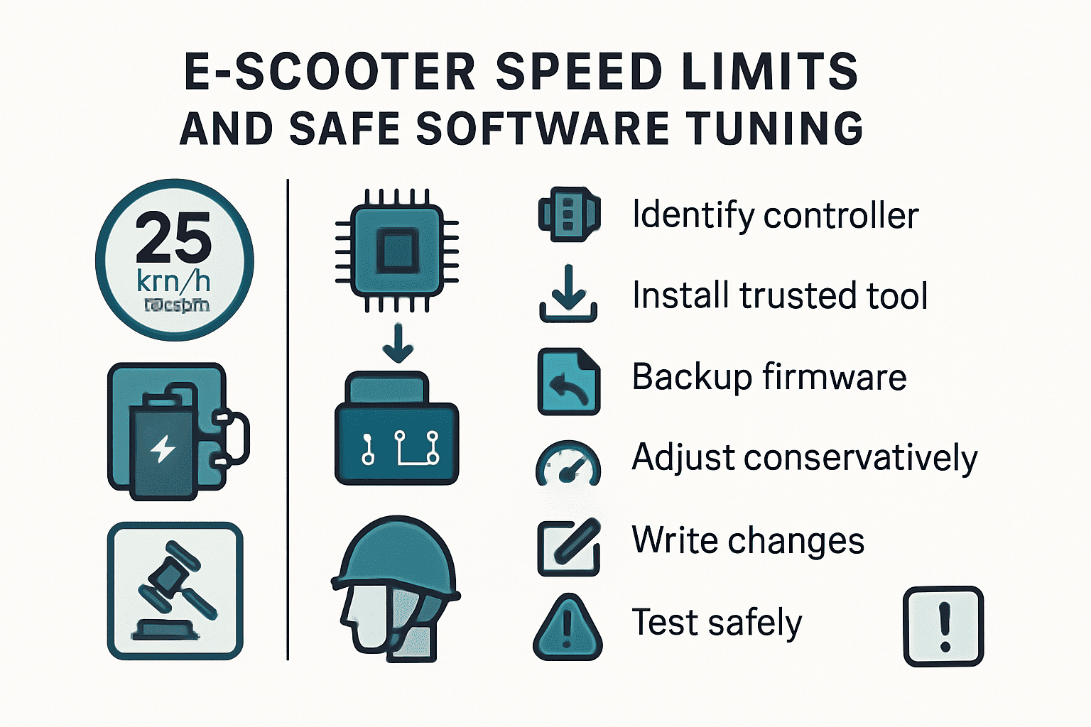 Infographic showing speed limiters, legal caps, and safe software tuning steps with backup and test ride