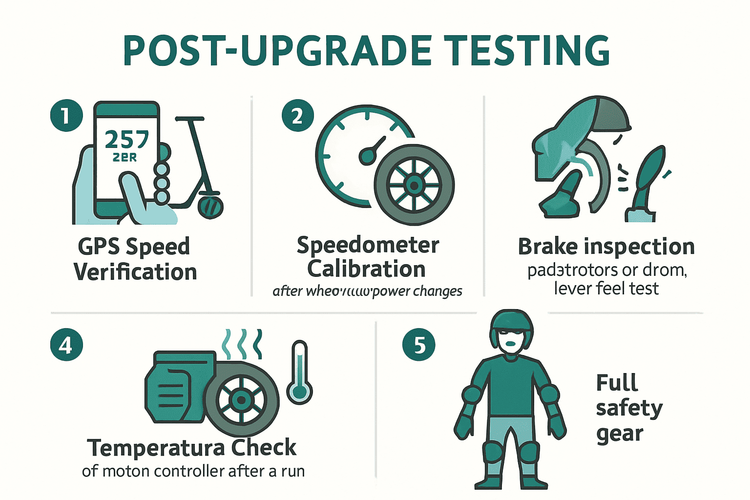 Step-by-step panels showing GPS speed check, speedometer calibration, brake inspection, temperature monitoring, and full safety gear