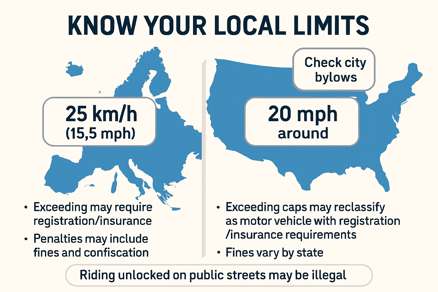 Legal overview of e‑scooter speed limits and penalties: EU ~25 km/h, many US states ~20 mph, risks include fines, confiscation, registration/insurance needs