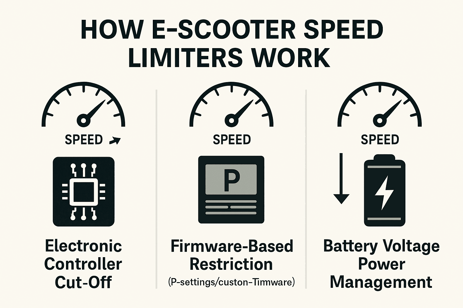Infographic explaining e‑scooter speed limiter mechanisms: controller cut-off, firmware restriction, battery voltage-based power limiting