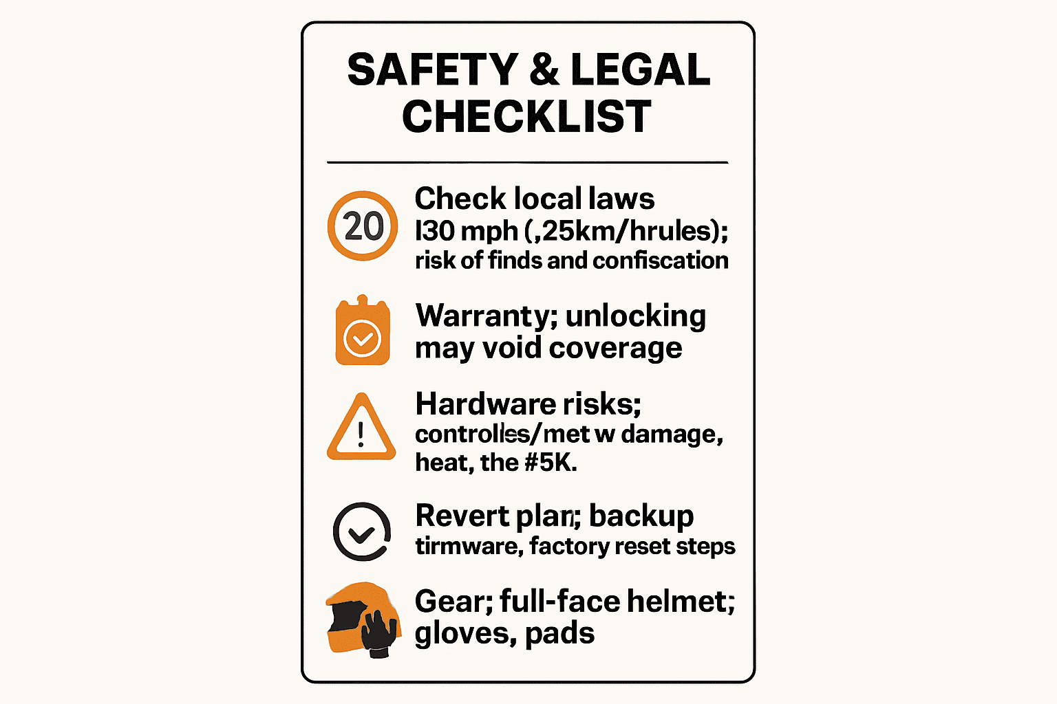 Safety and legal checklist for removing e‑scooter speed limiter: check local laws, fines/confiscation risk, warranty void, hardware/heat risks, plan for revert