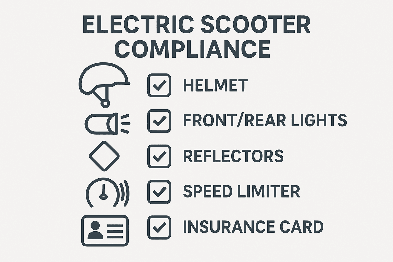 Visual checklist of electric scooter legal compliance features including helmet, lights, and speed limiter