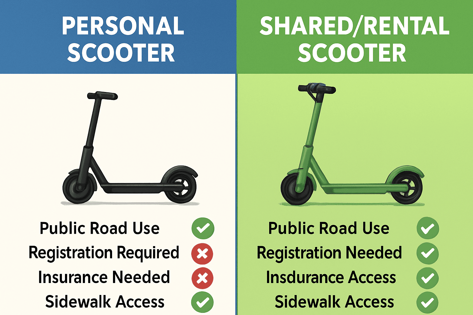Side-by-side comparison of personal and rental electric scooters showing different legal requirements and restrictions