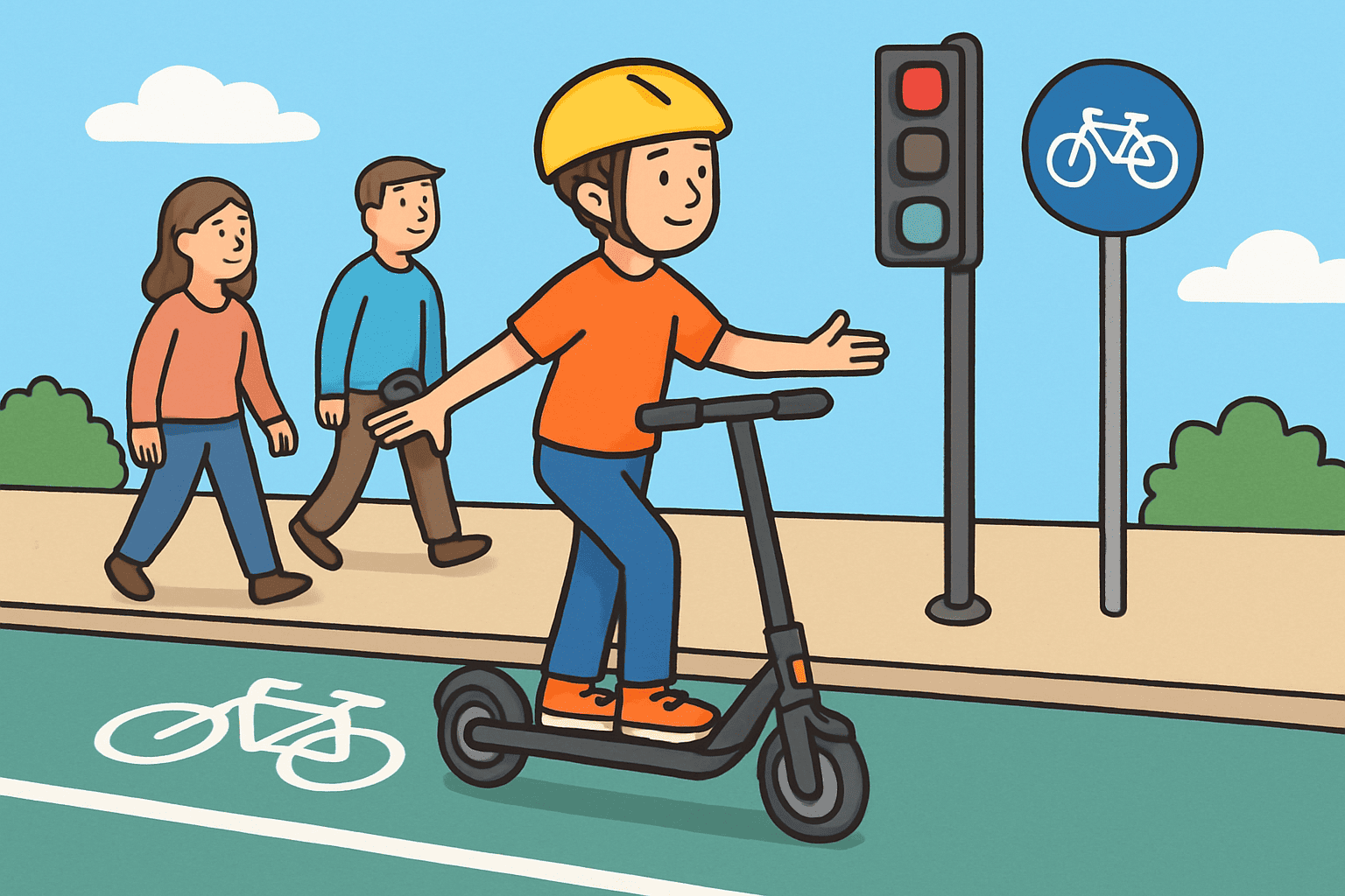 Person riding electric scooter safely with proper gear on designated lane following traffic rules